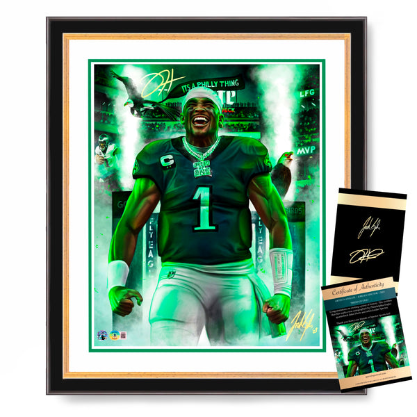 Jalen Hurts “Breed Of One” Artist X Athlete Dual Autograph - Spector Sports Art - 16 X 20 Lithograph / Hurts X Spector Dual Autograph / Custom Breed Of One Frame