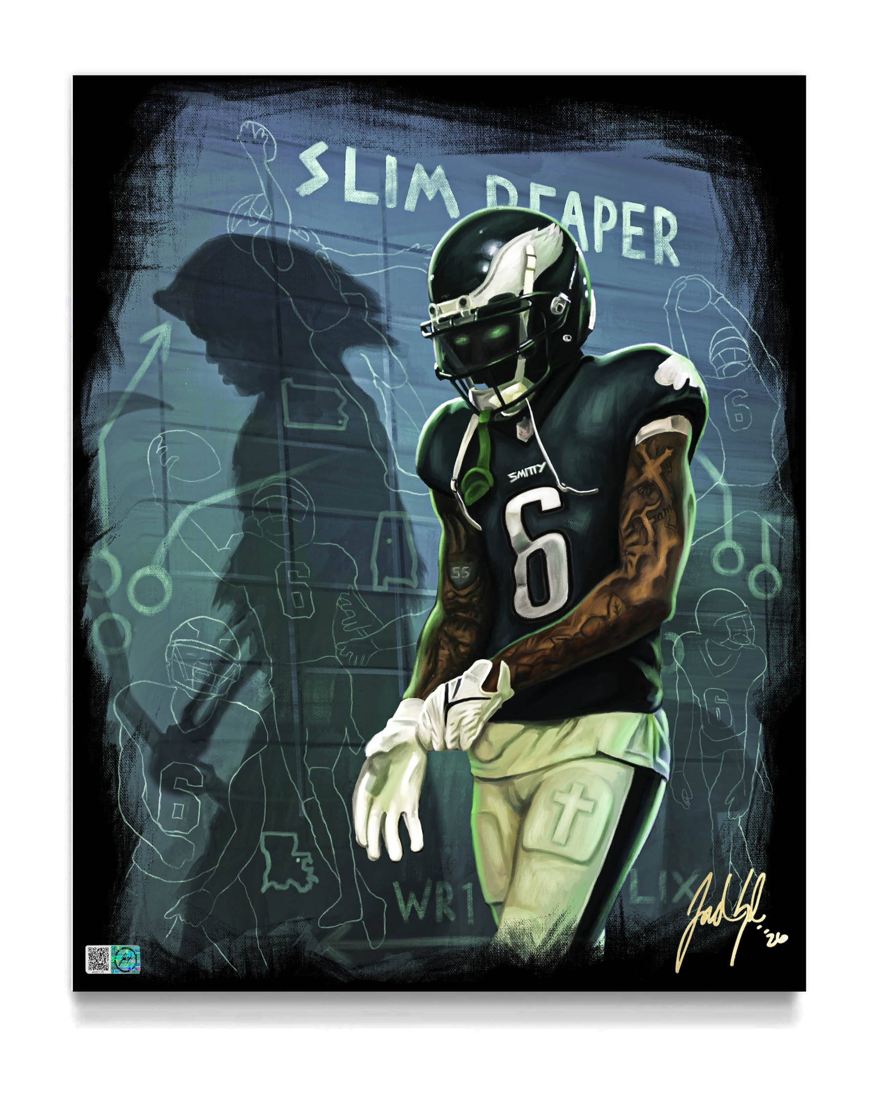 Illustration of a football player in a black uniform with 'Slim Reaper' text on a dark background