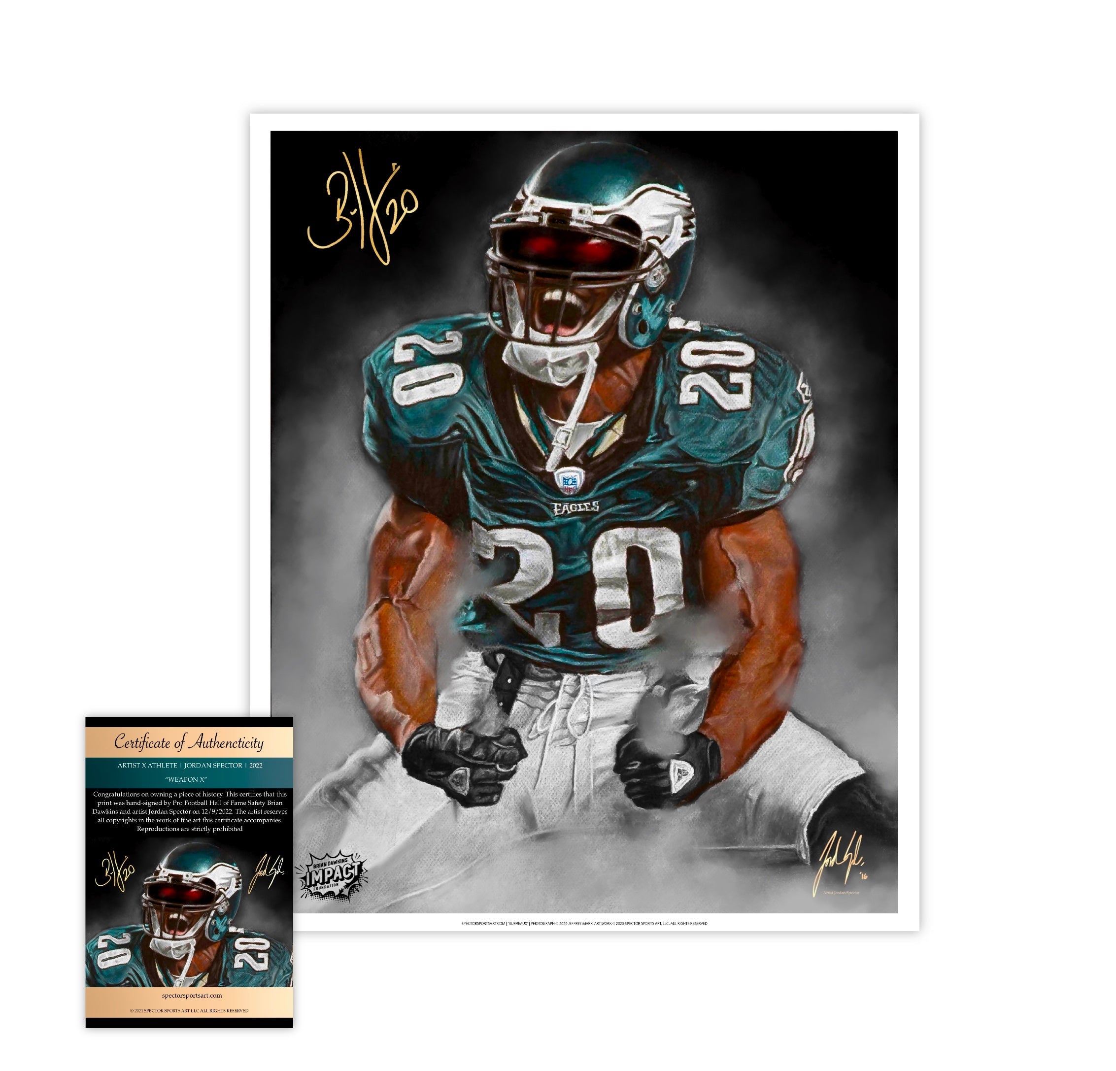 Hand Signed Brian Dawkins "WEAPON X" Art Print - Spector Sports Art - 16 X 20 Art Print / Brian Dawkins Signature / No Frame