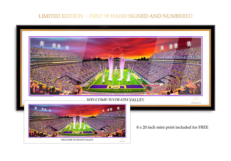Tiger Stadium "Welcome To Death Valley" | Limited Edition - Spector Sports Art - 16 X 39 Lithograph / Legacy Frame | Black and Gold
