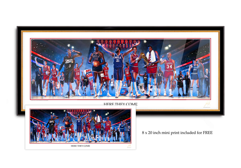 Sixers Legacy "Here They Come" - Spector Sports Art - 16 X 39 Lithograph / Legacy Frame | Black and Gold