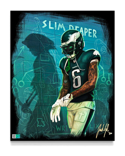 Illustration of a football player in a black uniform with 'Slim Reaper' text on a dark background