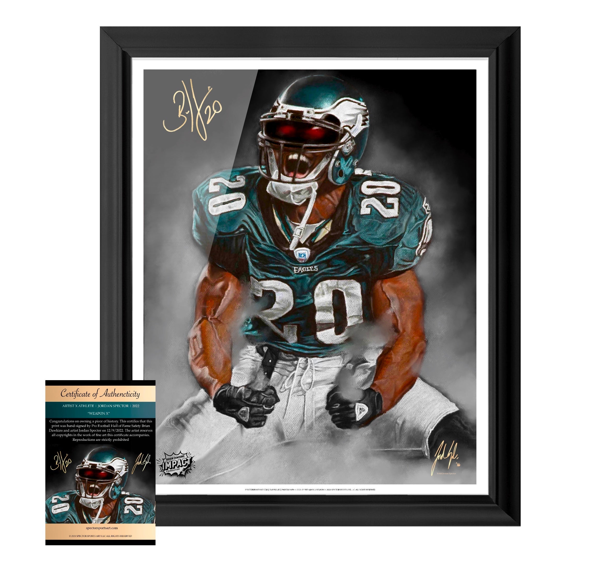 Hand Signed Brian Dawkins "WEAPON X" Art Print - Spector Sports Art - 16 X 20 Art Print / Brian Dawkins Signature / Classic Black