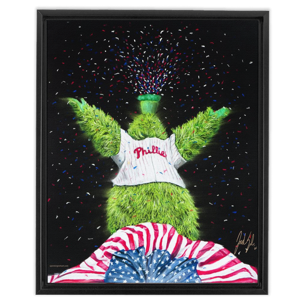 Phillie Phanatic 16x20 autographed Flag photo framed