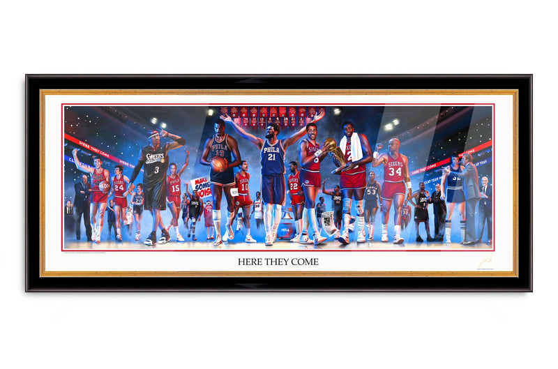 Sixers Legacy "Here They Come" - Spector Sports Art - 8 X 20 Lithograph / Legacy Frame | Black and Gold